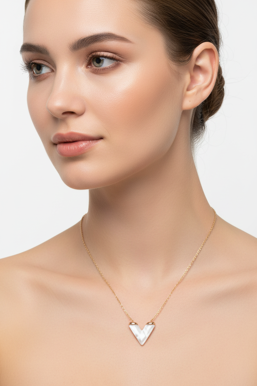 White Cat's Eye V-Shape Pendant Necklace | 18K Gold Plated
