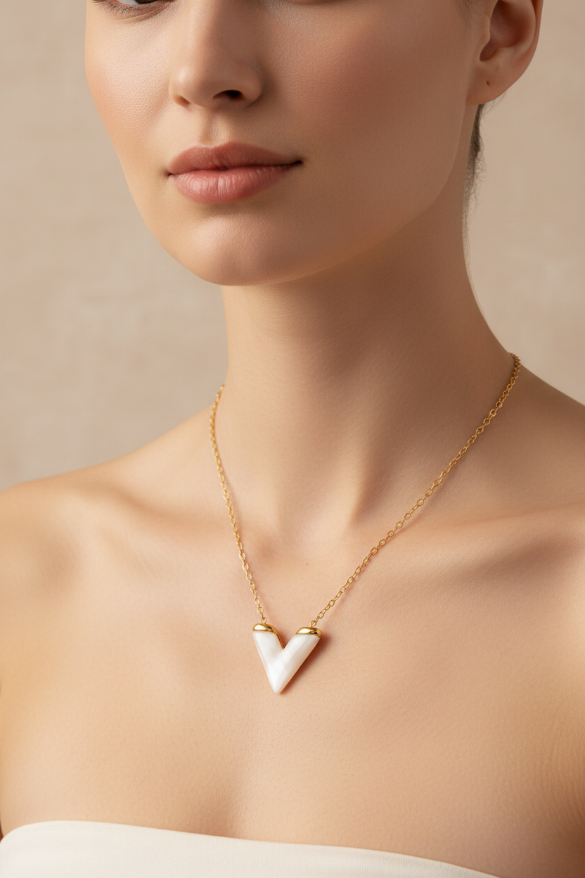 White Cat's Eye V-Shape Pendant Necklace | 18K Gold Plated