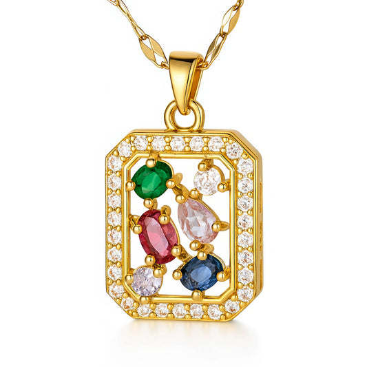 Multicolor CZ Gemstone Rectangle Pendant Necklace | 18K Gold Plated