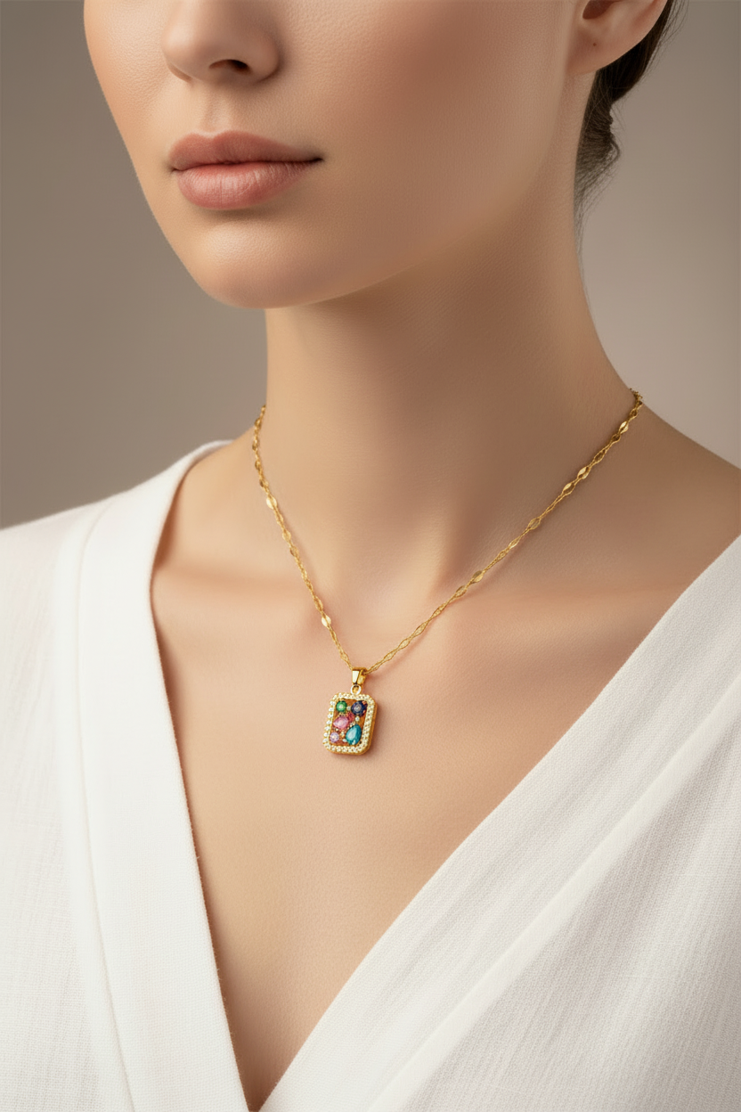 Multicolor CZ Gemstone Rectangle Pendant Necklace | 18K Gold Plated