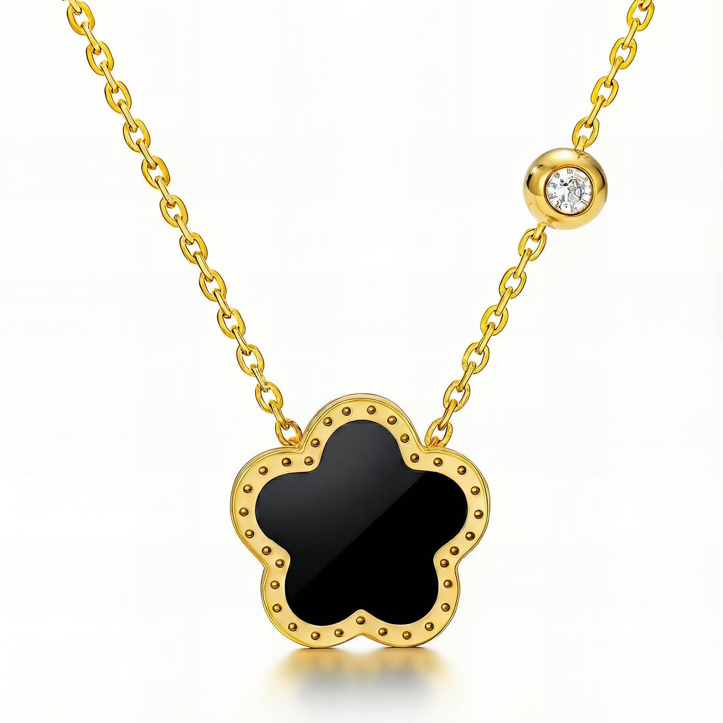 Black Enamel Clover Pendant Necklace | 18K Gold Plated | CZ Accent