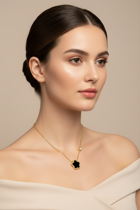 Black Enamel Clover Pendant Necklace | 18K Gold Plated | CZ Accent