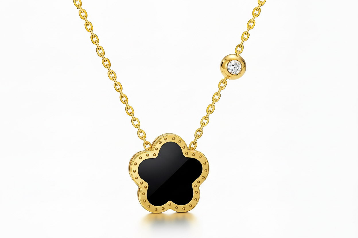 Black Enamel Clover Pendant Necklace | 18K Gold Plated | CZ Accent