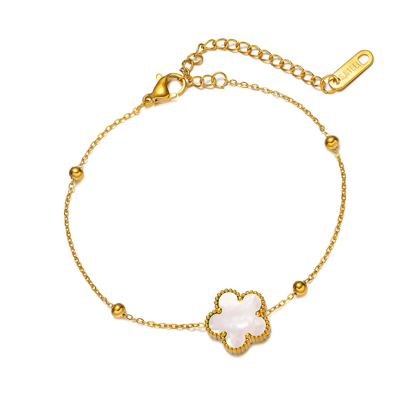 White Nacre Flower Solitaire Beaded Station Bracelet | 18K Gold Plated