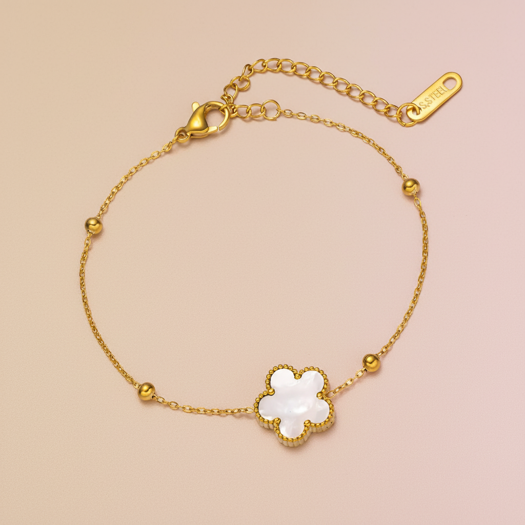 White Nacre Flower Solitaire Beaded Station Bracelet | 18K Gold Plated