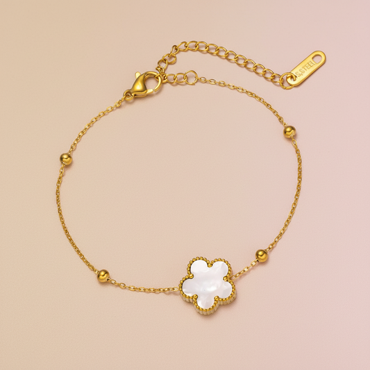 White Nacre Flower Solitaire Beaded Station Bracelet | 18K Gold Plated