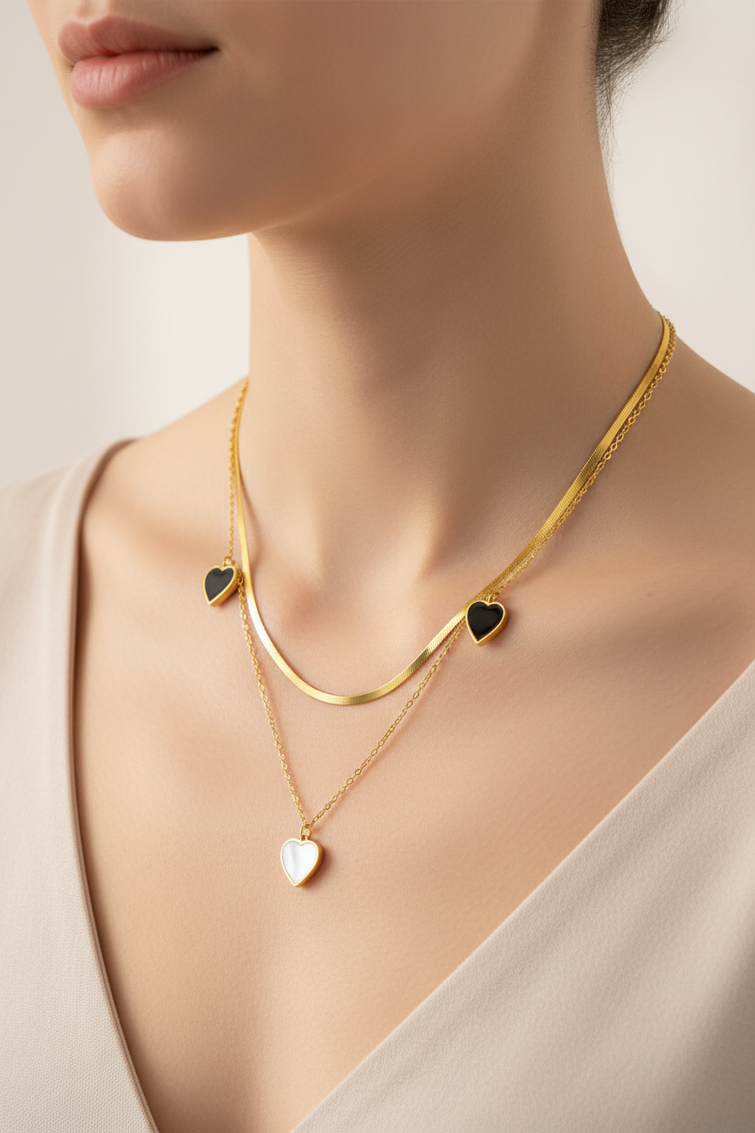 Double Layer Heart Charm Necklace | 18K Gold Plated | Black Enamel & MOP