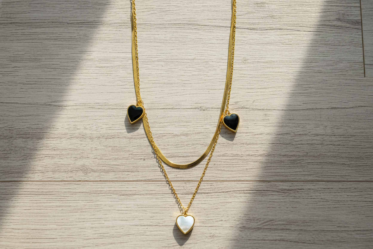 Double Layer Heart Charm Necklace | 18K Gold Plated | Black Enamel & MOP