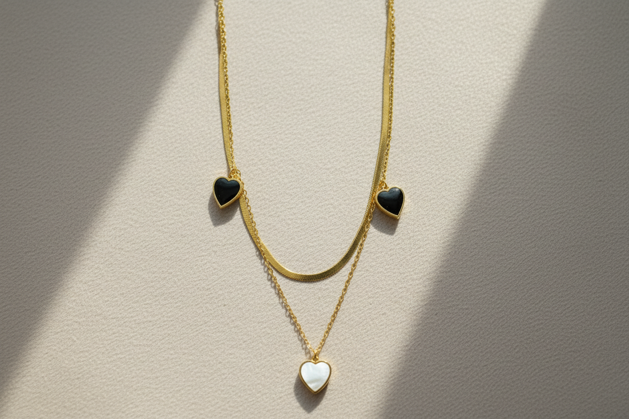 Double Layer Heart Charm Necklace | 18K Gold Plated | Black Enamel & MOP