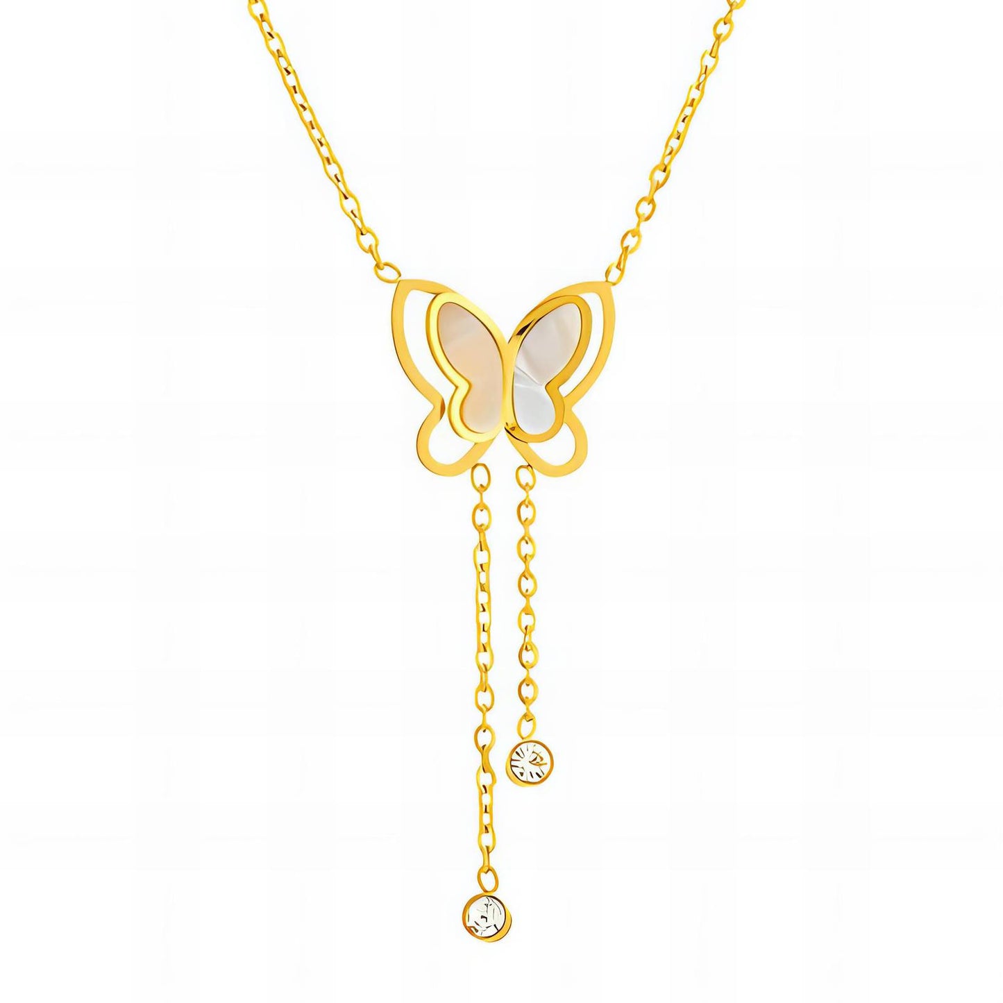 Gold butterfly necklace with chain on a white background