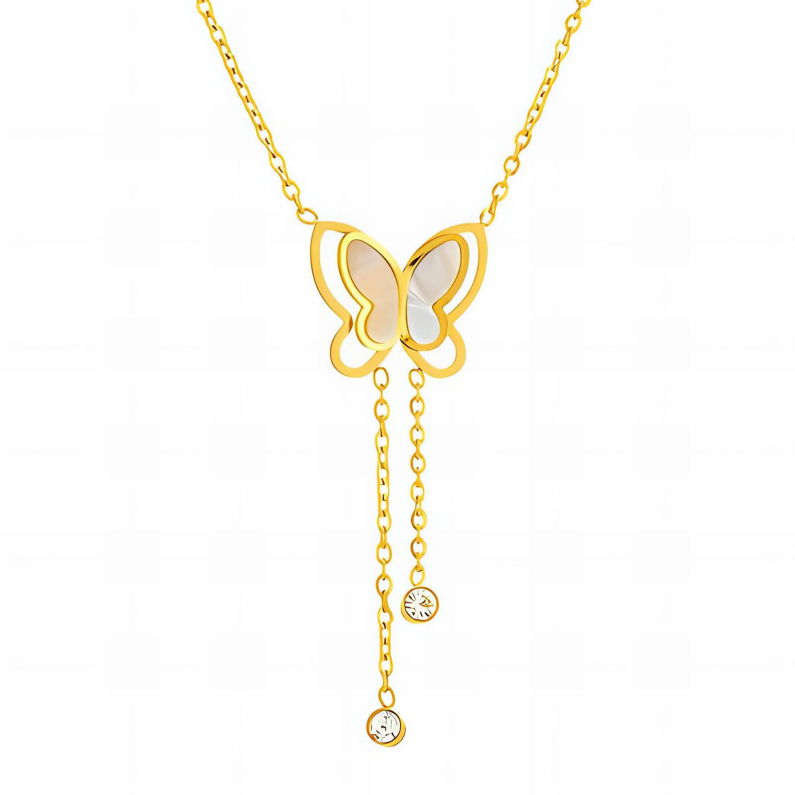 Gold butterfly necklace with chain on a white background