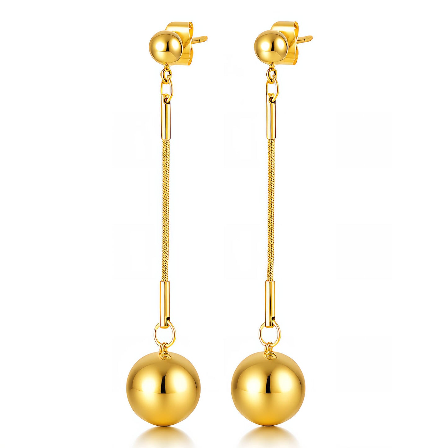Gold Ball Drop Snake Chain Earrings | 18K Gold Plated | Long Dangle