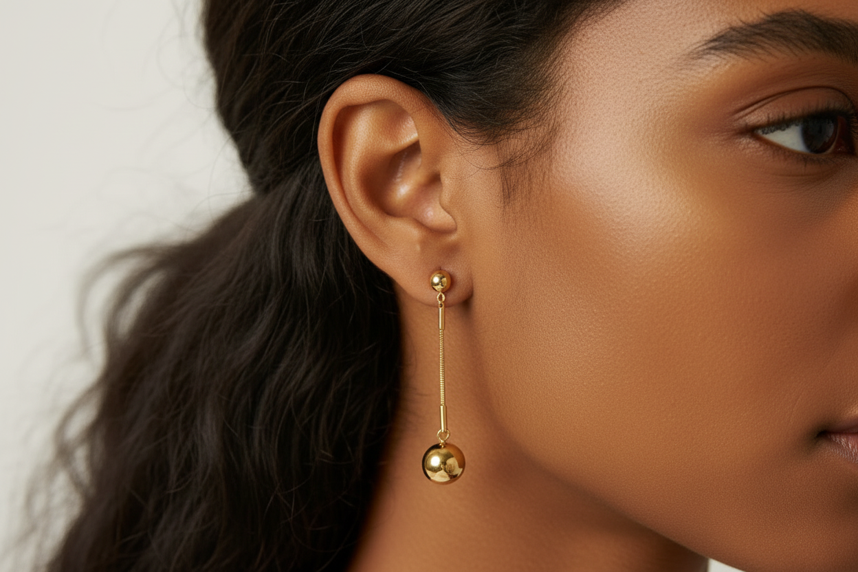 Gold Ball Drop Snake Chain Earrings | 18K Gold Plated | Long Dangle