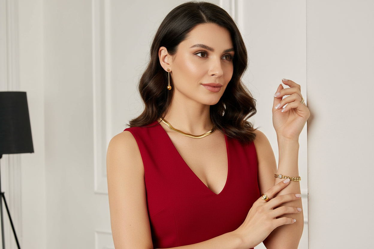 Woman in a red dress with 18k gold plated jewelry against a neutral background