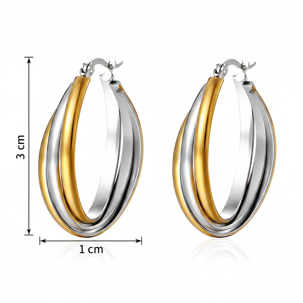 Pair of gold and silver hoop earrings with dimensions on a white background