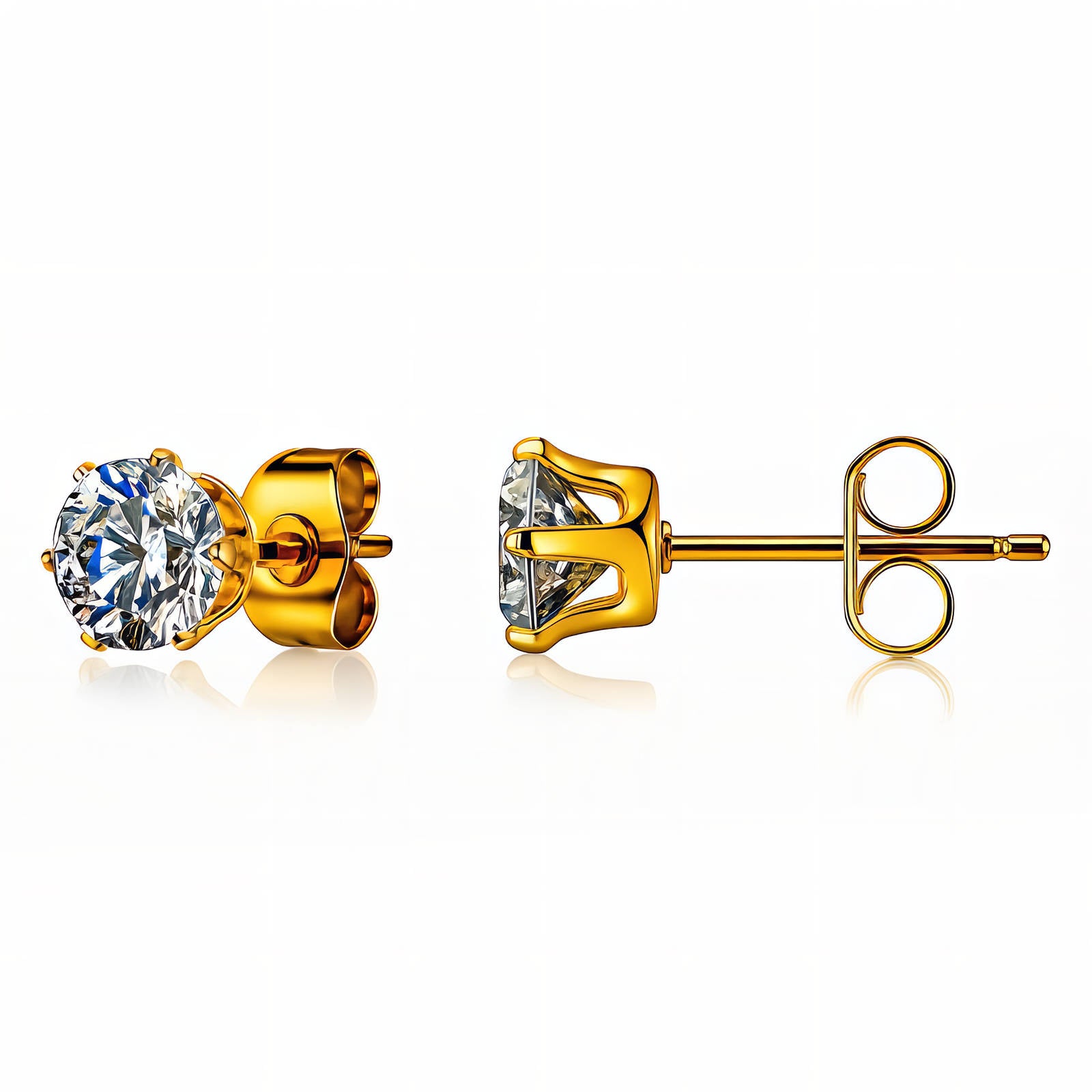 stainless steel 18k Gold plated stud earrings with clear gemstones on a white background