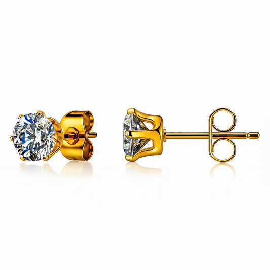 stainless steel 18k Gold plated stud earrings with clear gemstones on a white background