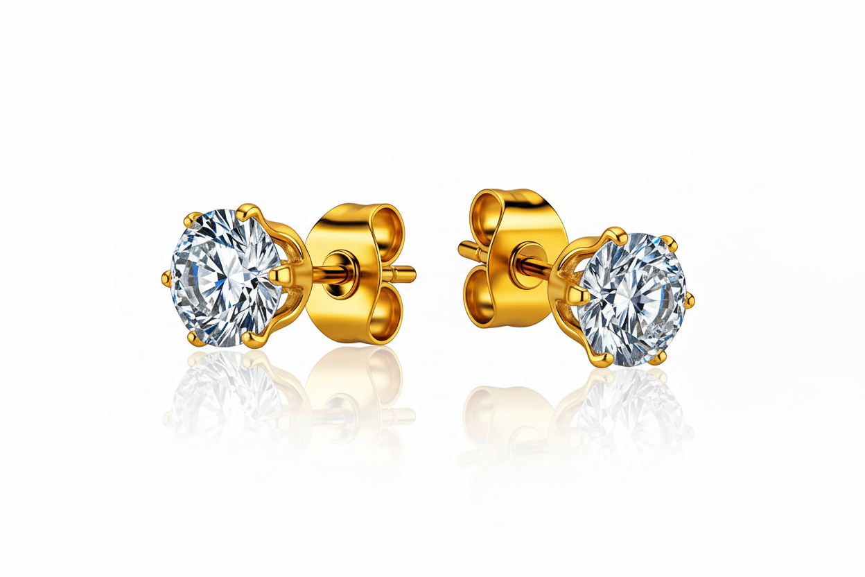 anti tarnish Gold plated stud earrings with clear gemstones on a white background