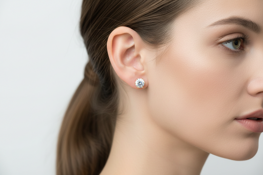 Close-up of a woman wearing a CZ diamond golf plated stud earring on a plain background