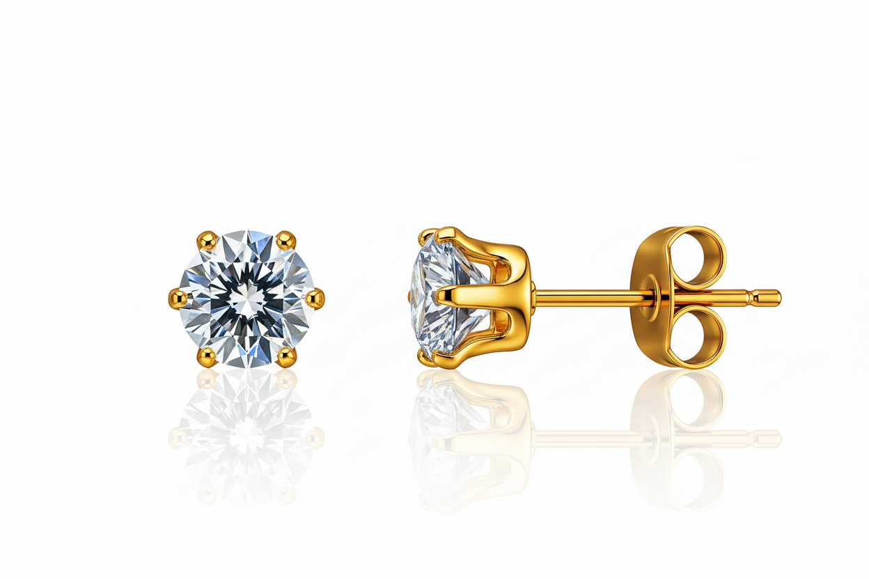 CZ 18k Gold plated stud earrings with clear gemstones on a white background