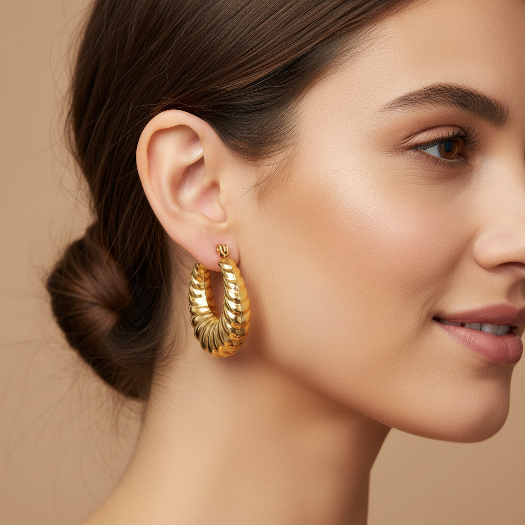 Close-up of a woman wearing gold hoop earrings with a neutral background