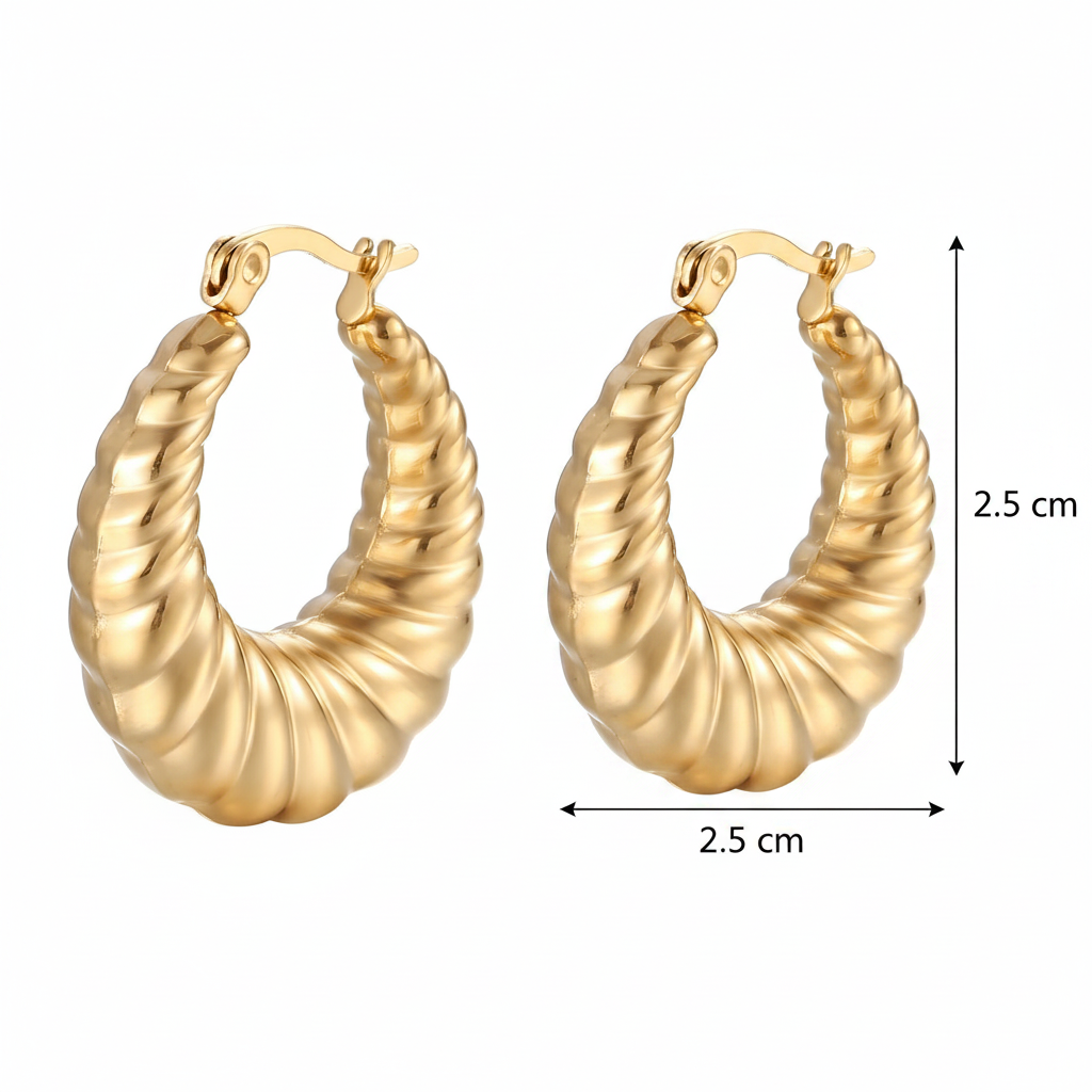 Gold hoop earrings with measurements on a white background