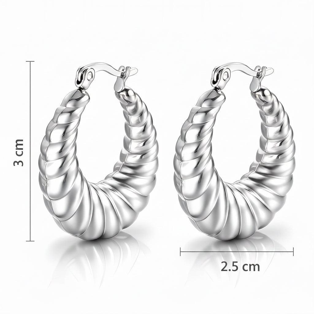 Pair of silver hoop earrings on a white background