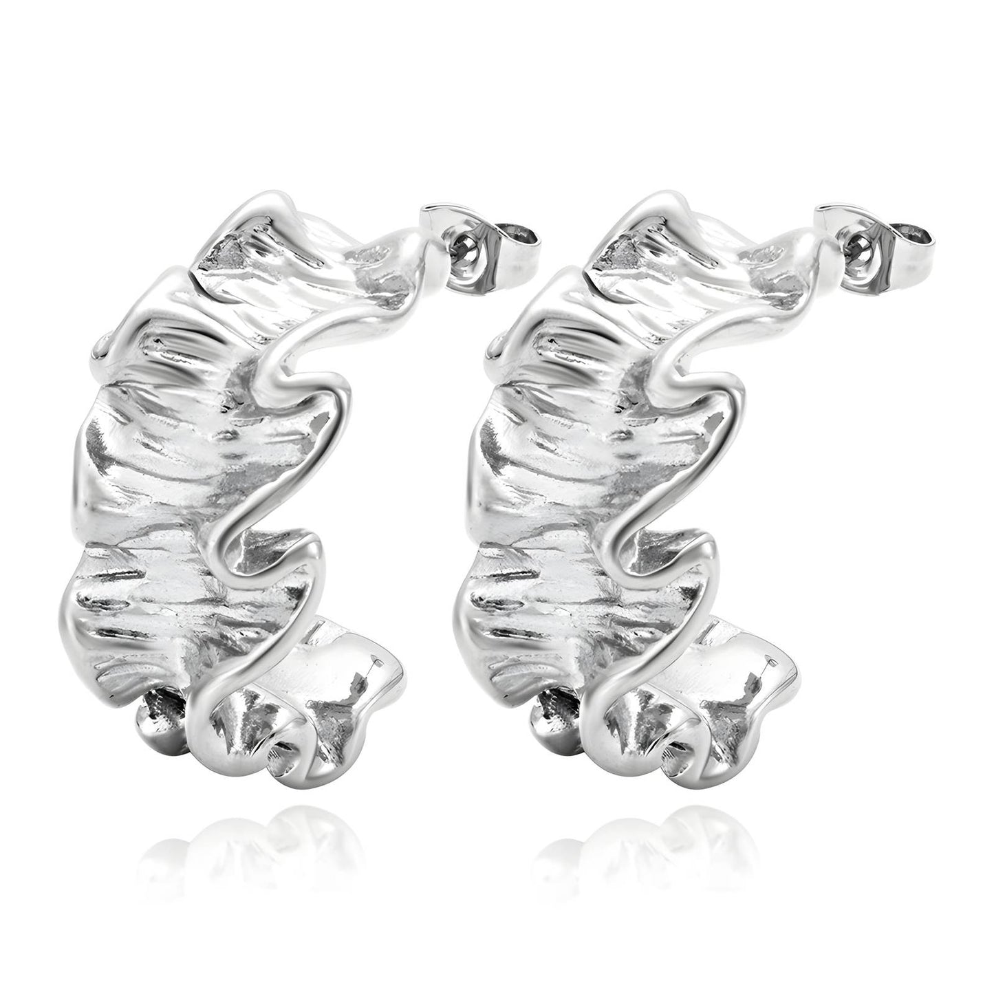 Silver earrings with a wavy design on a white background