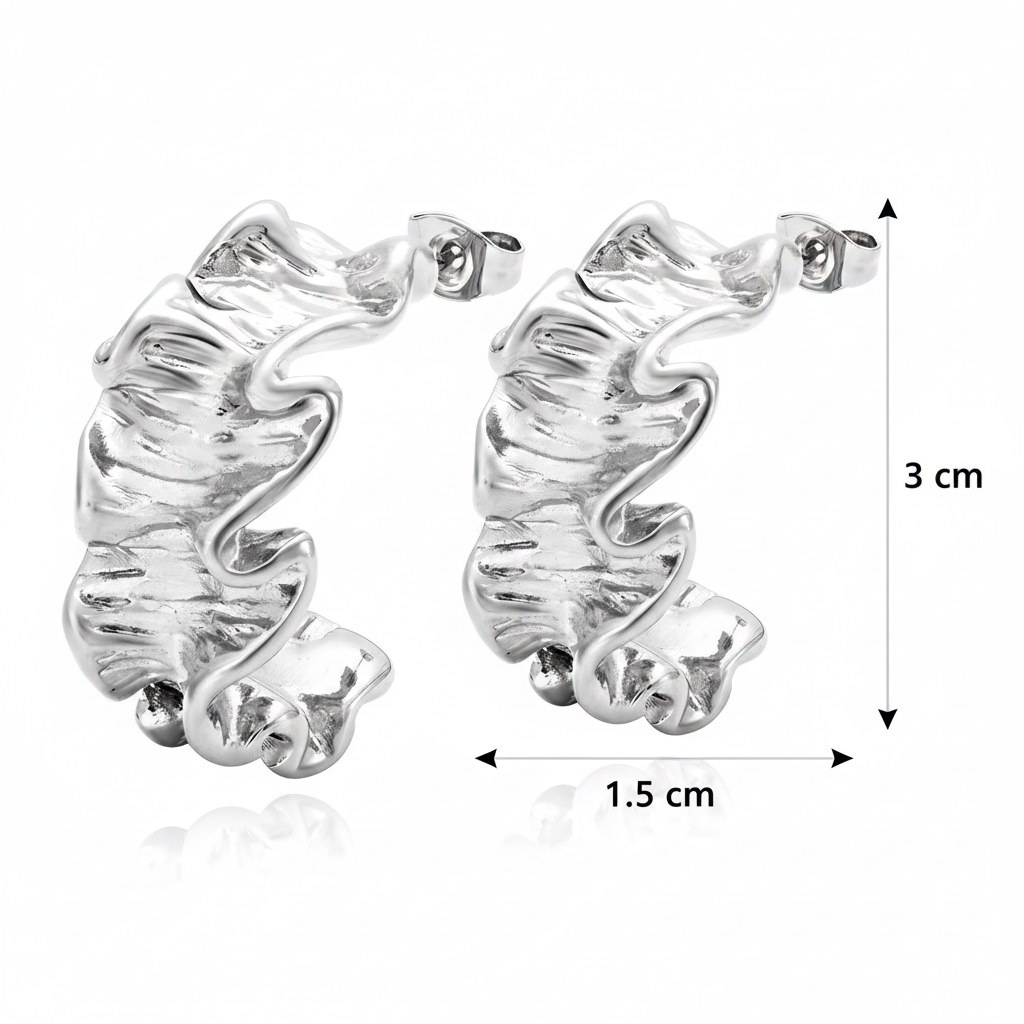 Silver leaf-shaped earrings with dimensions on a white background