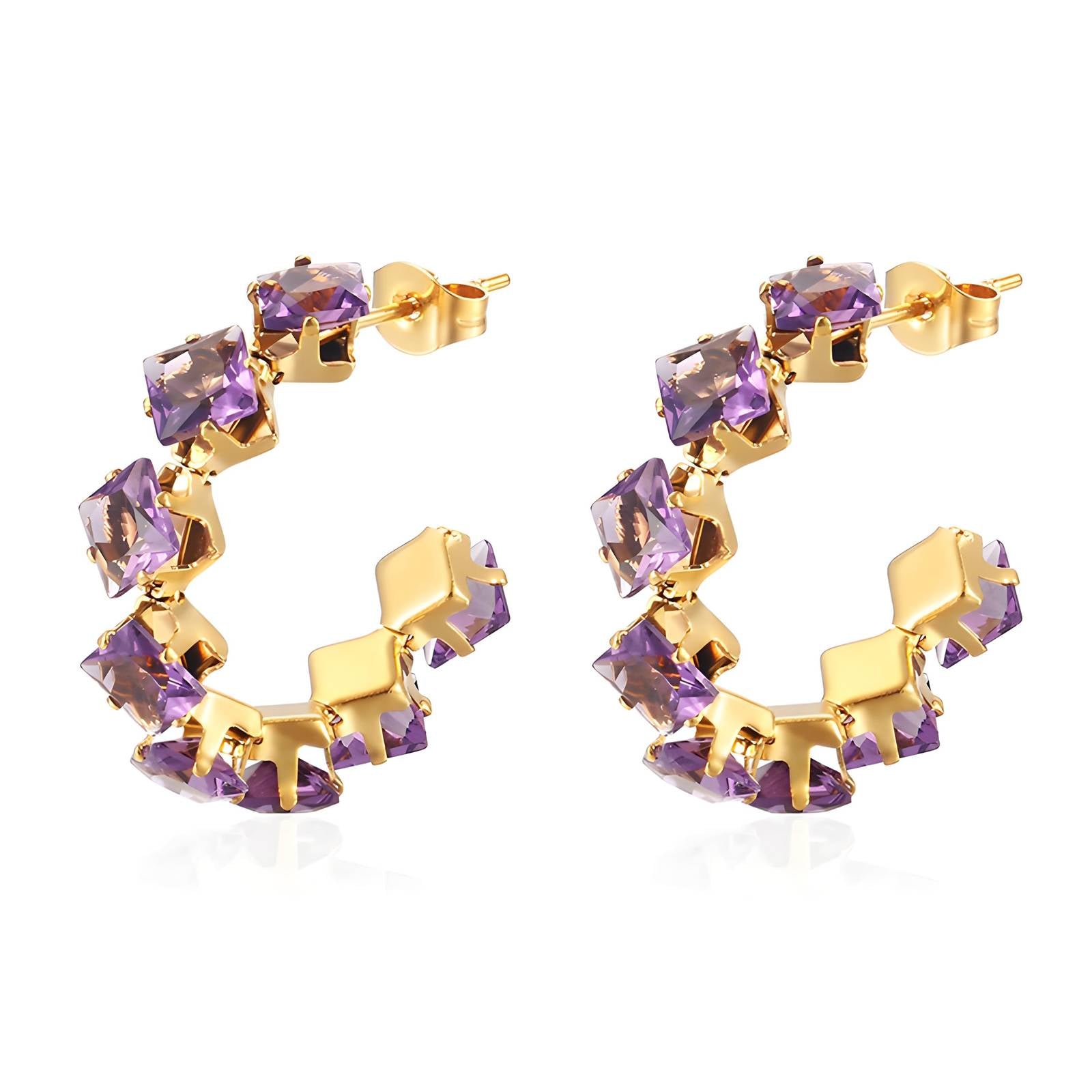 Gold hoop earrings with purple gemstones on a white background