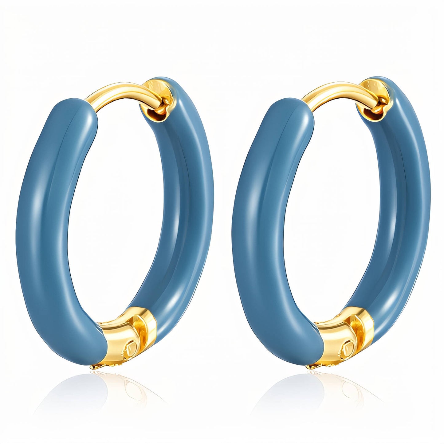 Blue hoop earrings with gold accents on a white background