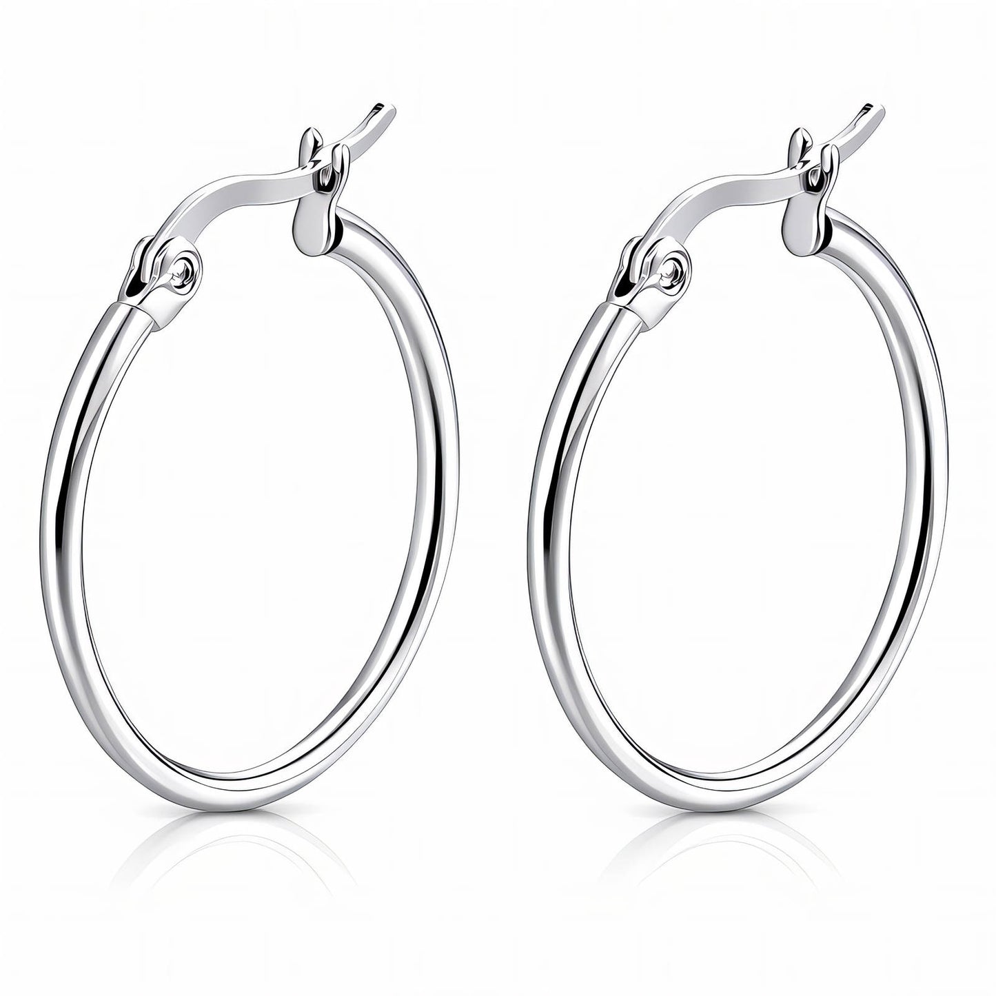 Pair of stainless steel silver hoop earrings on a white background