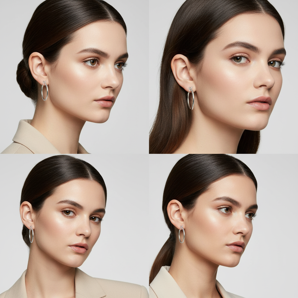 Four views of a woman wearing water proof hoop earrings on a light gray background
