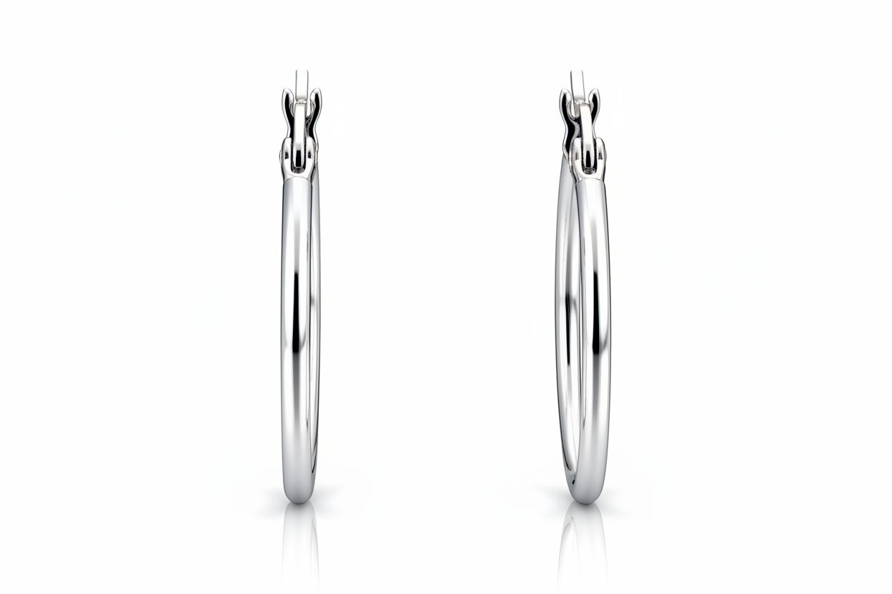 Pair of silver hoop earrings on a white background