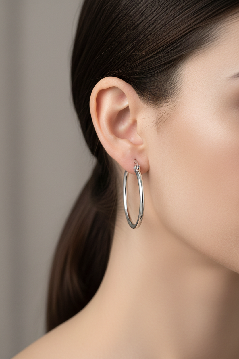 Close-up of a person wearing silver hoop earrings with a neutral background