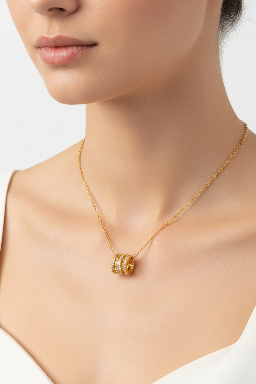 CZ Studded Cylinder Pendant Necklace | 18K Gold Plated