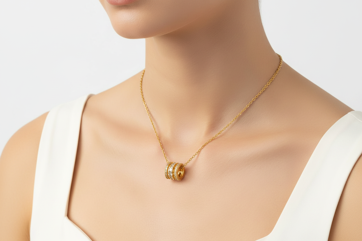CZ Studded Cylinder Pendant Necklace | 18K Gold Plated