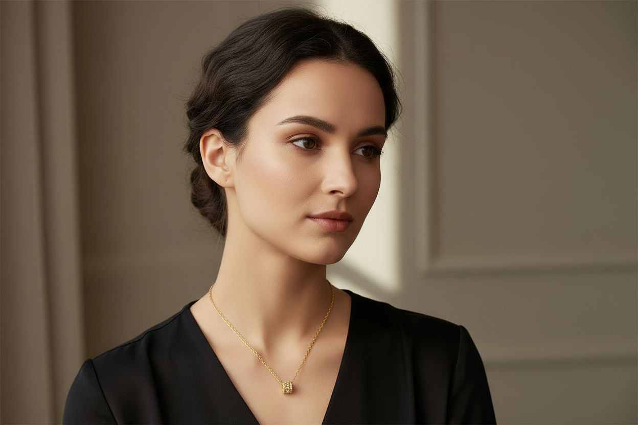 CZ Studded Cylinder Pendant Necklace | 18K Gold Plated