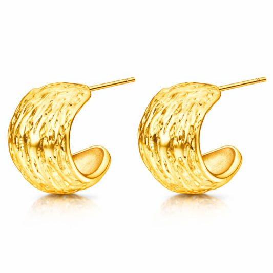 Gold plated C hoop earrings on a white background