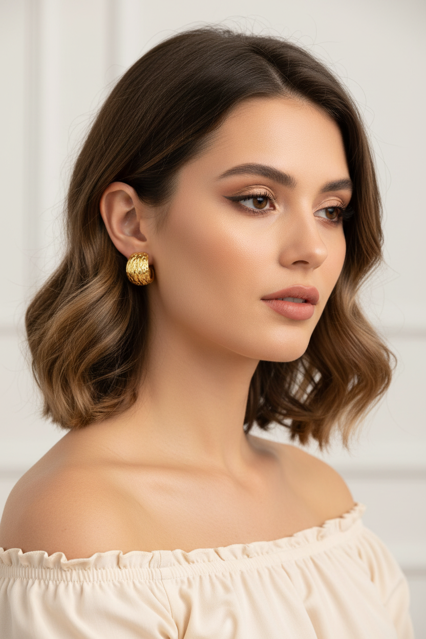 Woman wearing gold earrings with a neutral background