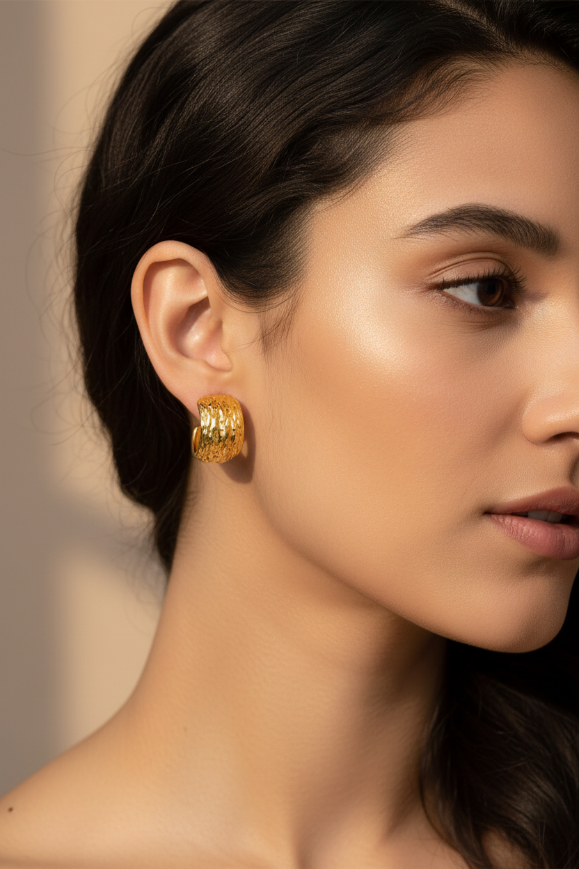 Close-up of a woman wearing gold hoop earrings with a neutral background