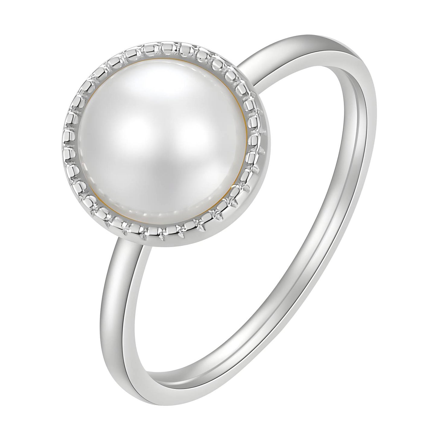 Round Imitation Pearl Milgrain Bezel Solitaire Ring | Silver | Stainless Steel