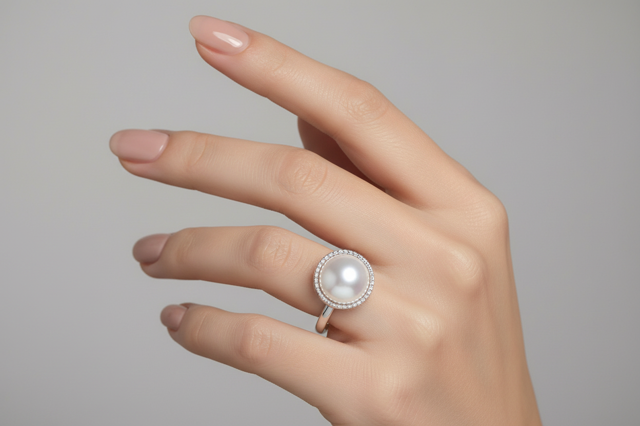 Round Imitation Pearl Milgrain Bezel Solitaire Ring | Silver | Stainless Steel
