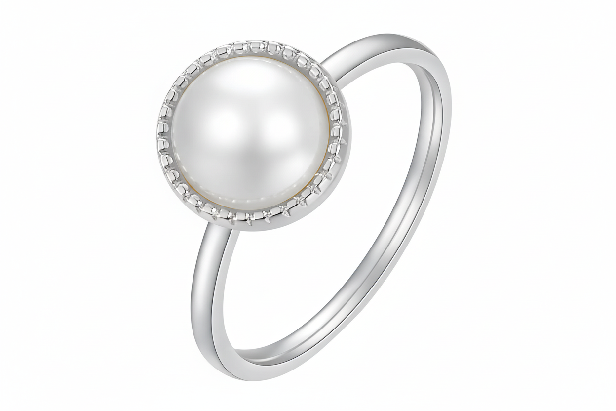 Round Imitation Pearl Milgrain Bezel Solitaire Ring | Silver | Stainless Steel