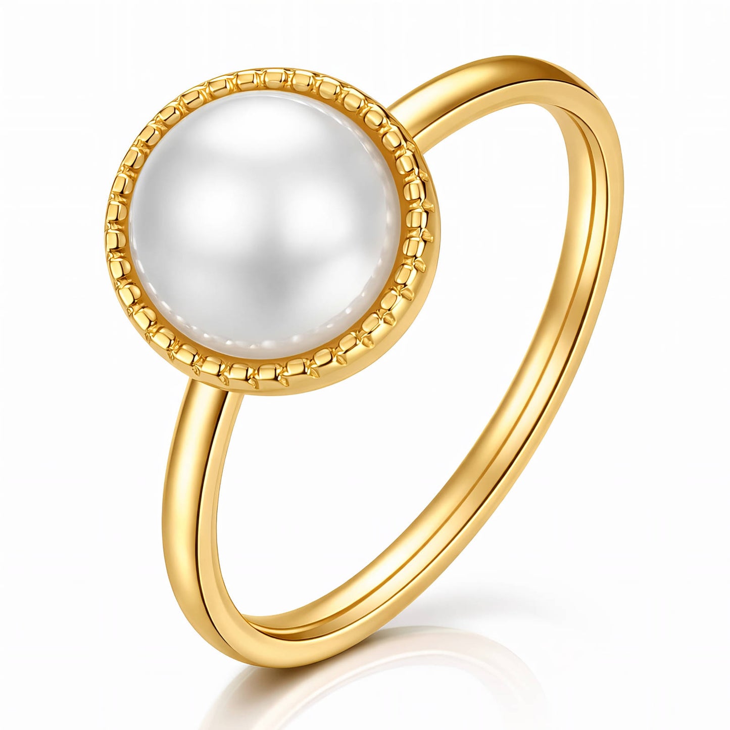 Round Imitation Pearl Milgrain Bezel Solitaire Ring | 18K Gold Plated
