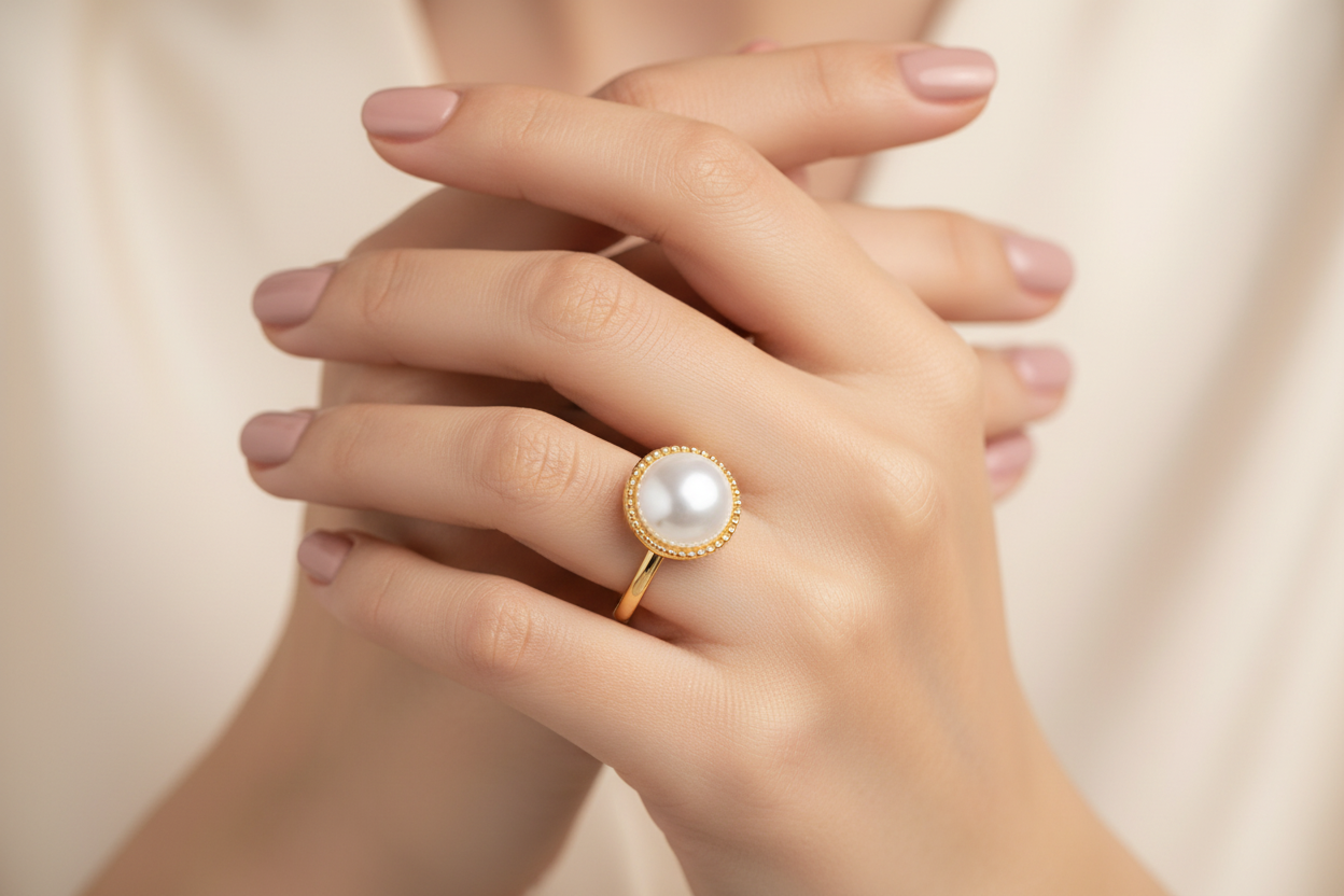 Round Imitation Pearl Milgrain Bezel Solitaire Ring | 18K Gold Plated