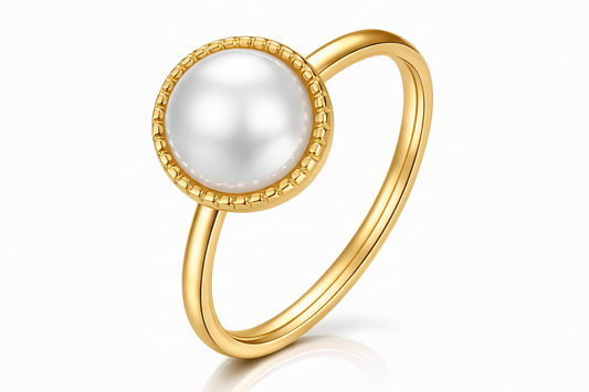 Round Imitation Pearl Milgrain Bezel Solitaire Ring | 18K Gold Plated