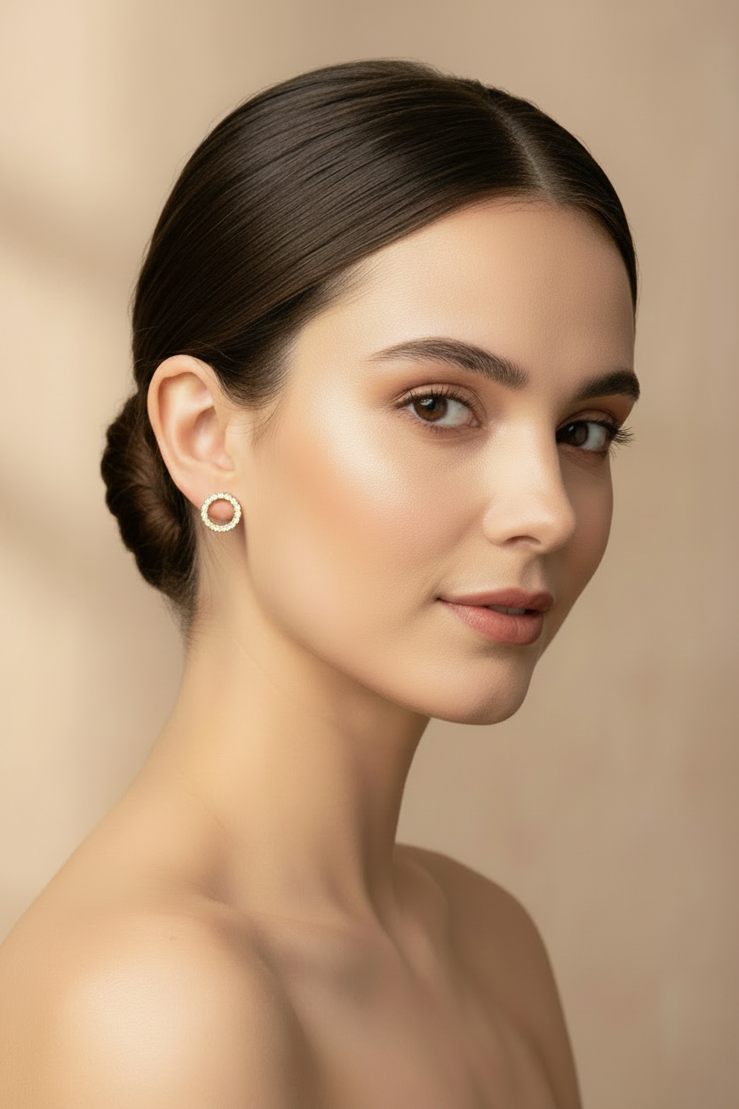 Woman with a stylish hairdo and earrings against a beige background