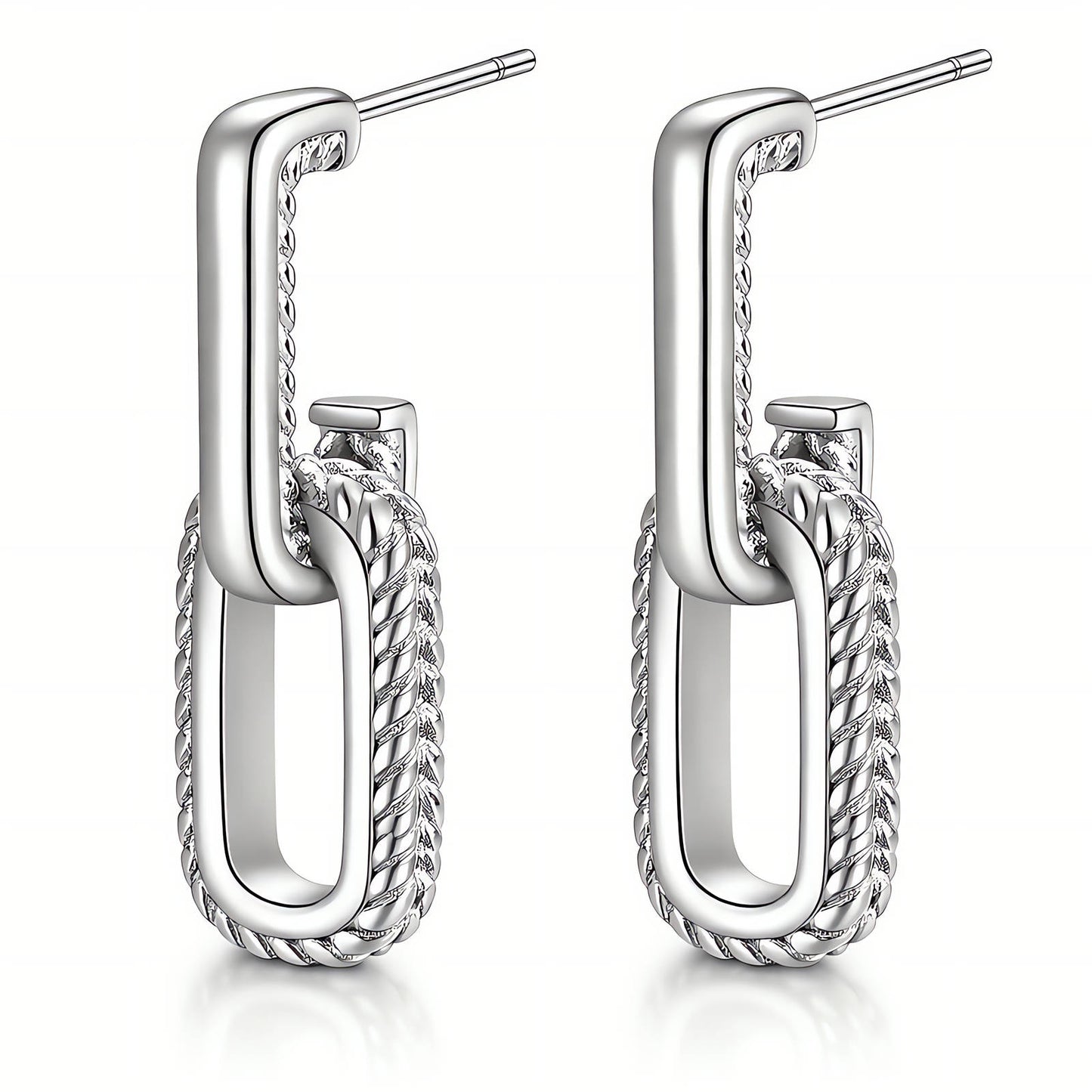Pair of silver hoop earrings on a white background