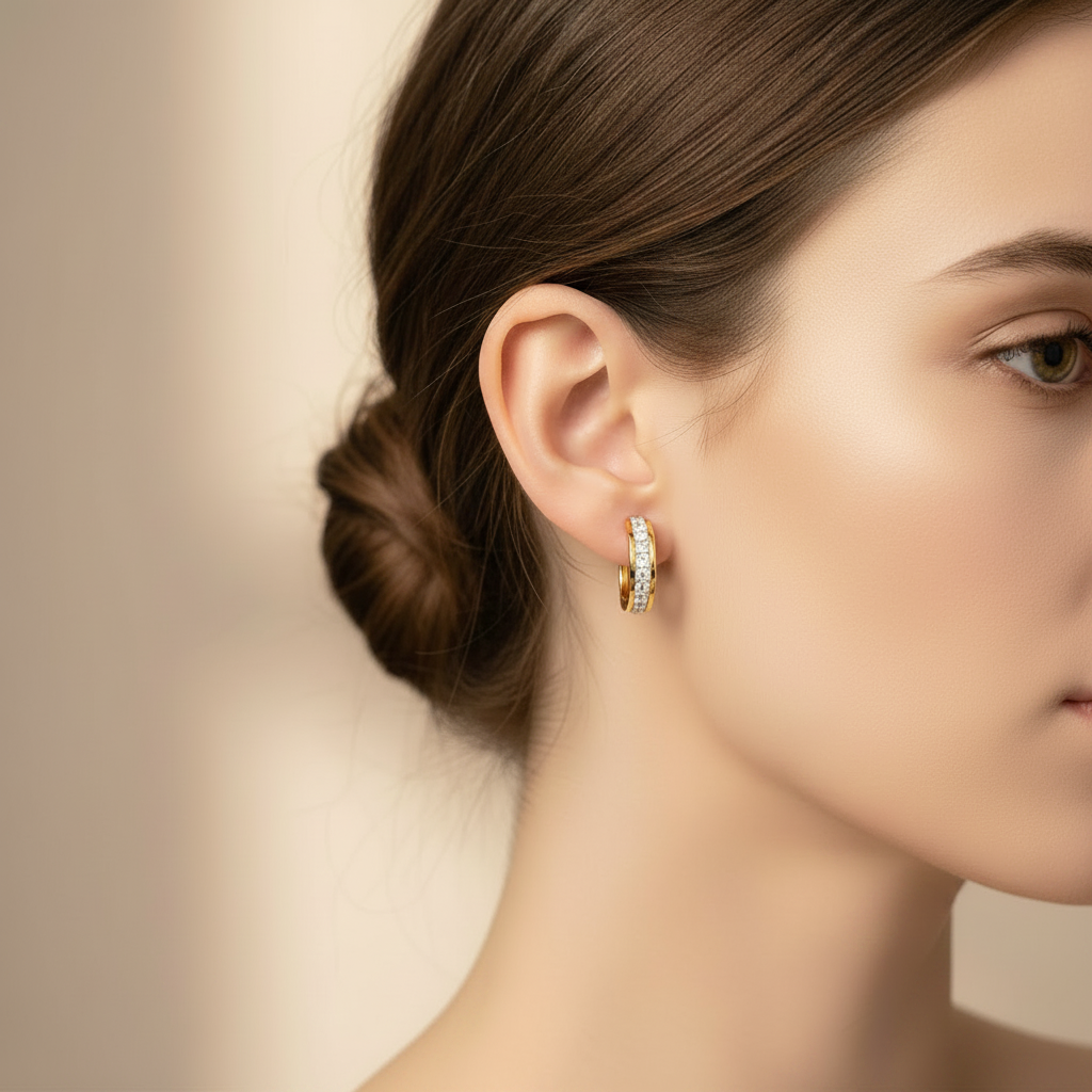 Close-up of a woman wearing gold hoop earrings with a neutral background